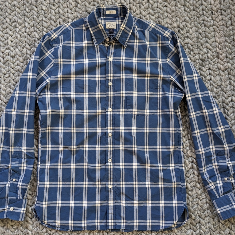 J. Crew Blue & White Plaid Button Down (size M)